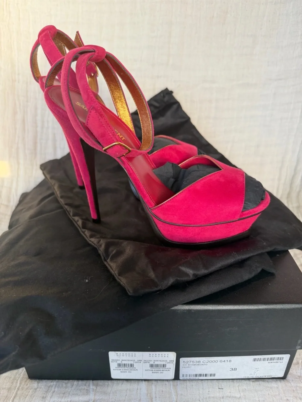 Saint Laurent Berry Red Suede Ankle-Strap Heels with Gold Trim - Picture 3 of 12